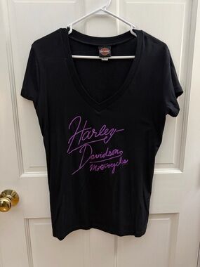 Harley-Davidson Black V-Neck Tee with Purple Script